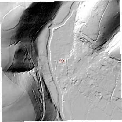 Shaded relief map of the ground around TA229HL, computed from Environment Agency LiDAR. The ground here sits at about 135 m above sea level and falls 120 m across the surrounding 800 m. Surface water reaching this point runs off ground lying to the north-east, 75.9 m higher.