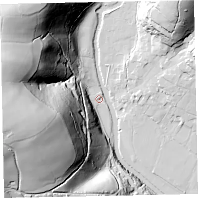Shaded relief map of the ground around TA229HP, computed from Environment Agency LiDAR. The ground here sits at about 134 m above sea level and falls 125 m across the surrounding 800 m. Surface water reaching this point runs off ground lying to the west-south-west, 120.2 m higher.