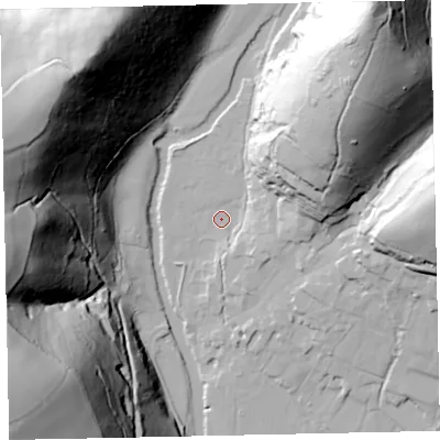 Shaded relief map of the ground around TA229HZ, computed from Environment Agency LiDAR. The ground here sits at about 136 m above sea level and falls 117 m across the surrounding 800 m. Surface water reaching this point runs off ground lying to the north-east, 75.0 m higher.