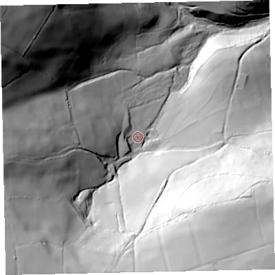 Shaded relief map of the ground around TA229JH, computed from Environment Agency LiDAR. The ground here sits at about 206 m above sea level and falls 153 m across the surrounding 800 m. Surface water reaching this point runs off ground lying to the south-west, 107.5 m higher.