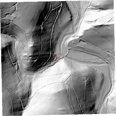 Shaded relief map of the ground around TA229JJ, computed from Environment Agency LiDAR. The ground here sits at about 171 m above sea level and falls 126 m across the surrounding 800 m. Surface water reaching this point runs off ground lying to the north-west, 120.0 m higher.