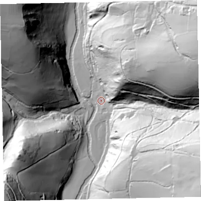 Shaded relief map of the ground around TA229JL, computed from Environment Agency LiDAR. The ground here sits at about 174 m above sea level and falls 113 m across the surrounding 800 m. Surface water reaching this point runs off ground lying to the south-east, 101.9 m higher.