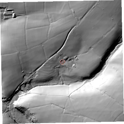 Shaded relief map of the ground around TA229LD, computed from Environment Agency LiDAR. The ground here sits at about 297 m above sea level and falls 77 m across the surrounding 800 m. Surface water reaching this point runs off ground lying to the north-north-east, 25.5 m higher.