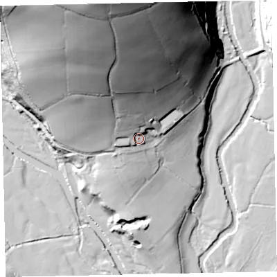 Shaded relief map of the ground around TA229LN, computed from Environment Agency LiDAR. The ground here sits at about 135 m above sea level and falls 91 m across the surrounding 800 m. Surface water reaching this point runs off ground lying to the north, 56.1 m higher.