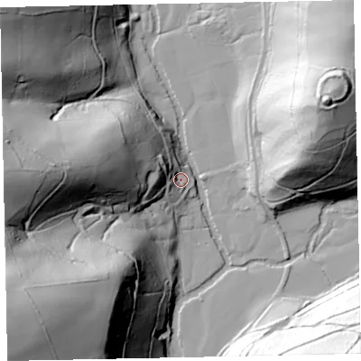 Shaded relief map of the ground around TA229NB, computed from Environment Agency LiDAR. The ground here sits at about 126 m above sea level and falls 110 m across the surrounding 800 m. Surface water reaching this point runs off ground lying to the west, 63.0 m higher.