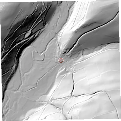 Shaded relief map of the ground around TA229ND, computed from Environment Agency LiDAR. The ground here sits at about 136 m above sea level and falls 122 m across the surrounding 800 m. Surface water reaching this point runs off ground lying to the north-east, 69.9 m higher.
