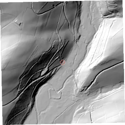 Shaded relief map of the ground around TA229NE, computed from Environment Agency LiDAR. The ground here sits at about 135 m above sea level and falls 108 m across the surrounding 800 m. Surface water reaching this point runs off ground lying to the north-north-west, 30.8 m higher.