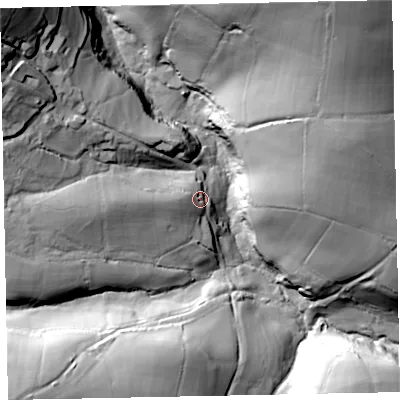 Shaded relief map of the ground around TA229NP, computed from Environment Agency LiDAR. The ground here sits at about 223 m above sea level and falls 70 m across the surrounding 800 m. Surface water reaching this point runs off ground lying to the west, 10.5 m higher.