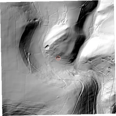 Shaded relief map of the ground around TA229NS, computed from Environment Agency LiDAR. The ground here sits at about 210 m above sea level and falls 113 m across the surrounding 800 m. Surface water reaching this point runs off ground lying to the north, 36.9 m higher.