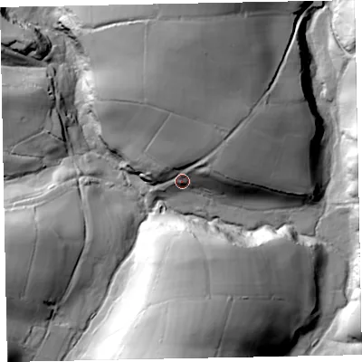 Shaded relief map of the ground around TA229NT, computed from Environment Agency LiDAR. The ground here sits at about 217 m above sea level and falls 55 m across the surrounding 800 m. Surface water reaching this point runs off ground lying to the north, 44.8 m higher.
