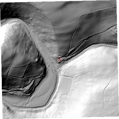 Shaded relief map of the ground around TA229PY, computed from Environment Agency LiDAR. The ground here sits at about 220 m above sea level and falls 120 m across the surrounding 800 m. Surface water reaching this point runs off ground lying to the north, 74.7 m higher.