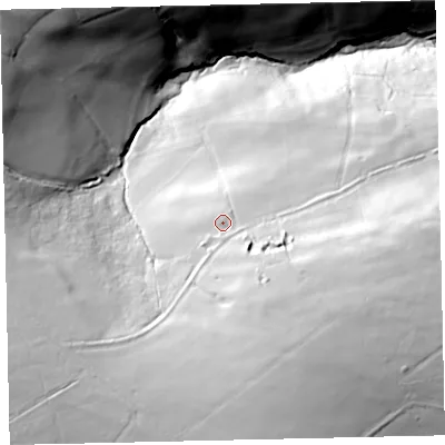 Shaded relief map of the ground around TA229QR, computed from Environment Agency LiDAR. The ground here sits at about 331 m above sea level and falls 103 m across the surrounding 800 m. Surface water reaching this point runs off ground lying to the south-east, 26.4 m higher.