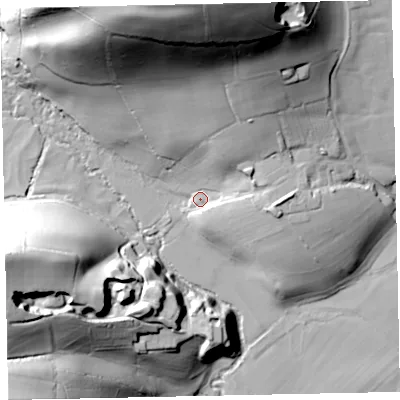 Shaded relief map of the ground around TA229RL, computed from Environment Agency LiDAR. The ground here sits at about 119 m above sea level and falls 75 m across the surrounding 800 m. Surface water reaching this point runs off ground lying to the north, 68.2 m higher.