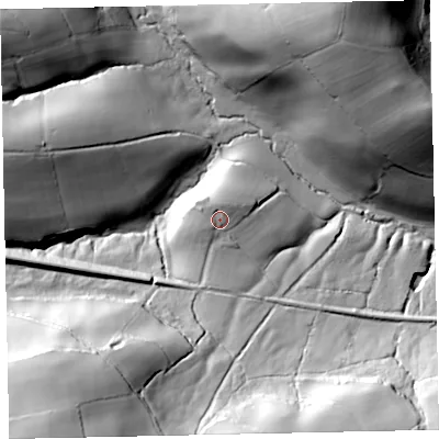 Shaded relief map of the ground around TA229RT, computed from Environment Agency LiDAR. The ground here sits at about 155 m above sea level and falls 78 m across the surrounding 800 m. Surface water reaching this point runs off ground lying to the north-north-west, 2.5 m higher.
