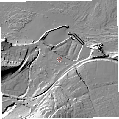 Shaded relief map of the ground around TA230AJ, computed from Environment Agency LiDAR. The ground here sits at about 9 m above sea level and falls 51 m across the surrounding 800 m. Surface water reaching this point runs off ground lying to the south, 1.3 m higher.