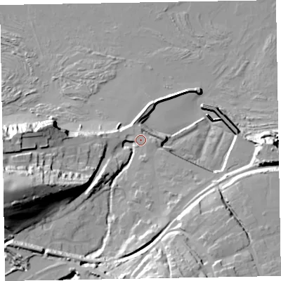 Shaded relief map of the ground around TA230AN, computed from Environment Agency LiDAR. The ground here sits at about 8 m above sea level and falls 50 m across the surrounding 800 m. Surface water reaching this point runs off ground lying to the west-south-west, 41.5 m higher.