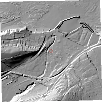 Shaded relief map of the ground around TA230AP, computed from Environment Agency LiDAR. The ground here sits at about 8 m above sea level and falls 56 m across the surrounding 800 m. Surface water reaching this point runs off ground lying to the south-south-east, 12.1 m higher.