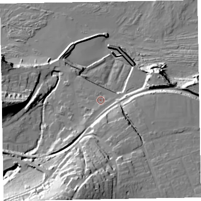 Shaded relief map of the ground around TA230AQ, computed from Environment Agency LiDAR. The ground here sits at about 10 m above sea level and falls 57 m across the surrounding 800 m. Surface water reaching this point runs off ground lying to the south, 2.4 m higher.