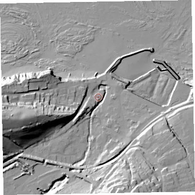Shaded relief map of the ground around TA230AR, computed from Environment Agency LiDAR. The ground here sits at about 8 m above sea level and falls 52 m across the surrounding 800 m. Surface water reaching this point runs off ground lying to the west-south-west, 44.0 m higher.
