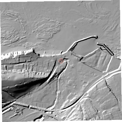 Shaded relief map of the ground around TA230AW, computed from Environment Agency LiDAR. The ground here sits at about 7 m above sea level and falls 53 m across the surrounding 800 m. Surface water reaching this point runs off ground lying to the west-south-west, 44.3 m higher.
