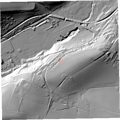Shaded relief map of the ground around TA230AX, computed from Environment Agency LiDAR. The ground here sits at about 47 m above sea level and falls 55 m across the surrounding 800 m. Surface water reaching this point runs off ground lying to the south, 16.5 m higher.
