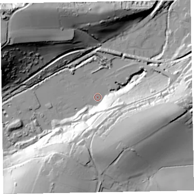 Shaded relief map of the ground around TA230AY, computed from Environment Agency LiDAR. The ground here sits at about 15 m above sea level and falls 66 m across the surrounding 800 m. Surface water reaching this point runs off ground lying to the south-south-east, 46.5 m higher.