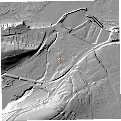 Shaded relief map of the ground around TA230AZ, computed from Environment Agency LiDAR. The ground here sits at about 10 m above sea level and falls 61 m across the surrounding 800 m. Surface water reaching this point runs off ground lying to the south, 8.8 m higher.