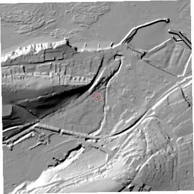 Shaded relief map of the ground around TA230BB, computed from Environment Agency LiDAR. The ground here sits at about 10 m above sea level and falls 61 m across the surrounding 800 m. Surface water reaching this point runs off ground lying to the south, 49.9 m higher.