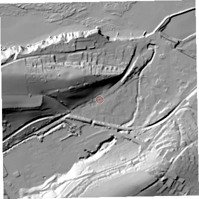 Shaded relief map of the ground around TA230BD, computed from Environment Agency LiDAR. The ground here sits at about 12 m above sea level and falls 61 m across the surrounding 800 m. Surface water reaching this point runs off ground lying to the west-north-west, 33.5 m higher.