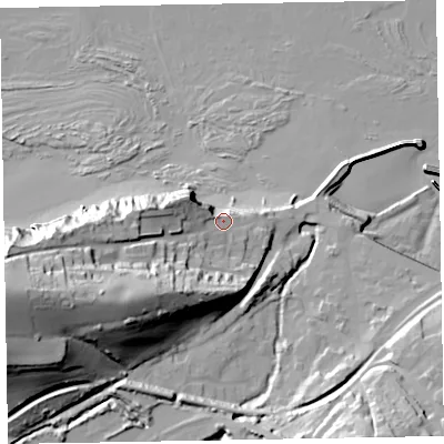 Shaded relief map of the ground around TA230BH, computed from Environment Agency LiDAR. The ground here sits at about 14 m above sea level and falls 60 m across the surrounding 800 m. Surface water reaching this point runs off ground lying to the west-south-west, 41.9 m higher.
