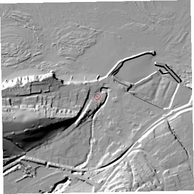 Shaded relief map of the ground around TA230BZ, computed from Environment Agency LiDAR. The ground here sits at about 7 m above sea level and falls 53 m across the surrounding 800 m. Surface water reaching this point runs off ground lying to the west-south-west, 44.4 m higher.