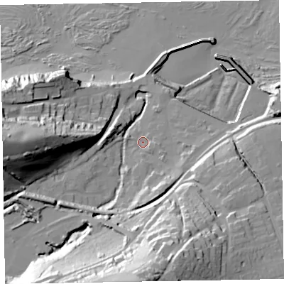Shaded relief map of the ground around TA230FA, computed from Environment Agency LiDAR. The ground here sits at about 9 m above sea level and falls 59 m across the surrounding 800 m. Surface water reaching this point runs off ground lying to the south-south-east, 9.8 m higher.