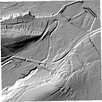Shaded relief map of the ground around TA230FG, computed from Environment Agency LiDAR. The ground here sits at about 11 m above sea level and falls 61 m across the surrounding 800 m. Surface water reaching this point runs off ground lying to the south, 49.0 m higher.