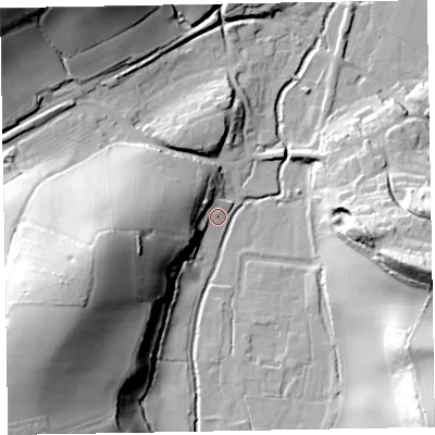 Shaded relief map of the ground around TA230JY, computed from Environment Agency LiDAR. The ground here sits at about 40 m above sea level and falls 53 m across the surrounding 800 m. Surface water reaching this point runs off ground lying to the south-west, 48.5 m higher.