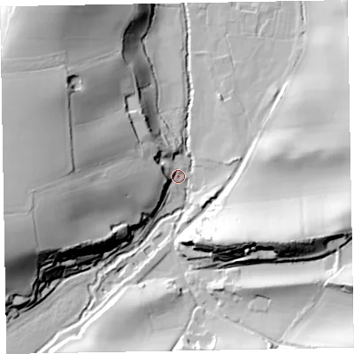 Shaded relief map of the ground around TA230JZ, computed from Environment Agency LiDAR. The ground here sits at about 46 m above sea level and falls 51 m across the surrounding 800 m. Surface water reaching this point runs off ground lying to the west, 46.9 m higher.