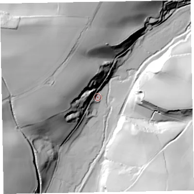 Shaded relief map of the ground around TA230LD, computed from Environment Agency LiDAR. The ground here sits at about 55 m above sea level and falls 62 m across the surrounding 800 m. Surface water reaching this point runs off ground lying to the west-north-west, 42.5 m higher.