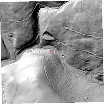 Shaded relief map of the ground around TA230LF, computed from Environment Agency LiDAR. The ground here sits at about 158 m above sea level and falls 165 m across the surrounding 800 m. Surface water reaching this point runs off ground lying to the north-east, 153.8 m higher.