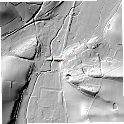 Shaded relief map of the ground around TA230NH, computed from Environment Agency LiDAR. The ground here sits at about 43 m above sea level and falls 46 m across the surrounding 800 m. Surface water reaching this point runs off ground lying to the south-east, 28.6 m higher.