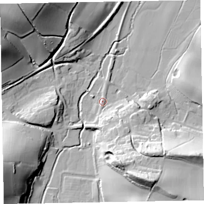 Shaded relief map of the ground around TA230NZ, computed from Environment Agency LiDAR. The ground here sits at about 38 m above sea level and falls 50 m across the surrounding 800 m. Surface water reaching this point runs off ground lying to the south-south-east, 14.5 m higher.