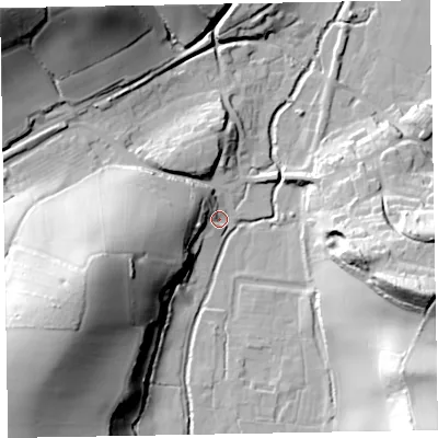 Shaded relief map of the ground around TA230PR, computed from Environment Agency LiDAR. The ground here sits at about 39 m above sea level and falls 55 m across the surrounding 800 m. Surface water reaching this point runs off ground lying to the west, 16.6 m higher.