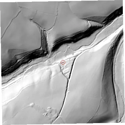 Shaded relief map of the ground around TA230QH, computed from Environment Agency LiDAR. The ground here sits at about 89 m above sea level and falls 83 m across the surrounding 800 m. Surface water reaching this point runs off ground lying to the south, 44.8 m higher.