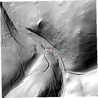 Shaded relief map of the ground around TA230QS, computed from Environment Agency LiDAR. The ground here sits at about 100 m above sea level and falls 175 m across the surrounding 800 m. Surface water reaching this point runs off ground lying to the north-east, 166.1 m higher.