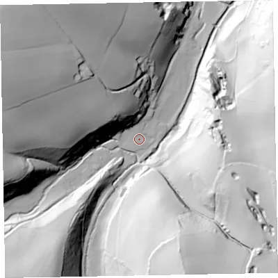Shaded relief map of the ground around TA230QT, computed from Environment Agency LiDAR. The ground here sits at about 72 m above sea level and falls 89 m across the surrounding 800 m. Surface water reaching this point runs off ground lying to the south-south-east, 82.5 m higher.