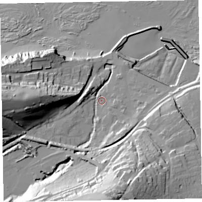 Shaded relief map of the ground around TA230QX, computed from Environment Agency LiDAR. The ground here sits at about 9 m above sea level and falls 59 m across the surrounding 800 m. Surface water reaching this point runs off ground lying to the south, 47.9 m higher.