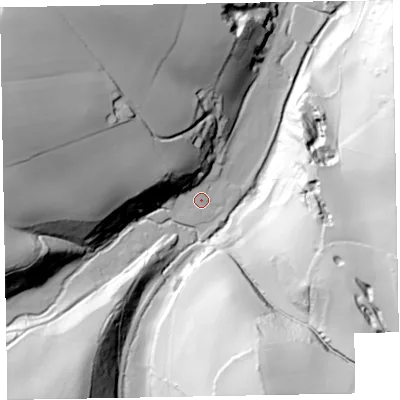 Shaded relief map of the ground around TA230QY, computed from Environment Agency LiDAR. The ground here sits at about 72 m above sea level and falls 88 m across the surrounding 800 m. Surface water reaching this point runs off ground lying to the south-south-east, 80.4 m higher.