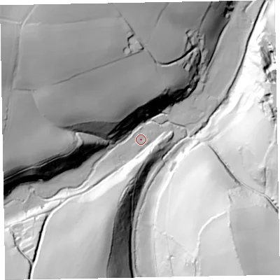 Shaded relief map of the ground around TA230QZ, computed from Environment Agency LiDAR. The ground here sits at about 74 m above sea level and falls 92 m across the surrounding 800 m. Surface water reaching this point runs off ground lying to the south-south-west, 42.8 m higher.