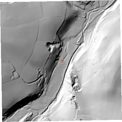 Shaded relief map of the ground around TA230RB, computed from Environment Agency LiDAR. The ground here sits at about 68 m above sea level and falls 105 m across the surrounding 800 m. Surface water reaching this point runs off ground lying to the west-north-west, 58.1 m higher.