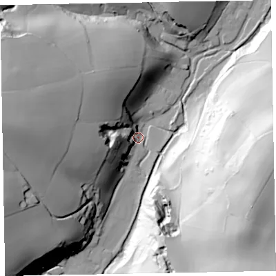 Shaded relief map of the ground around TA230RD, computed from Environment Agency LiDAR. The ground here sits at about 66 m above sea level and falls 102 m across the surrounding 800 m. Surface water reaching this point runs off ground lying to the west, 58.6 m higher.