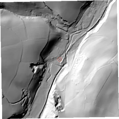 Shaded relief map of the ground around TA230RE, computed from Environment Agency LiDAR. The ground here sits at about 64 m above sea level and falls 106 m across the surrounding 800 m. Surface water reaching this point runs off ground lying to the west, 53.4 m higher.
