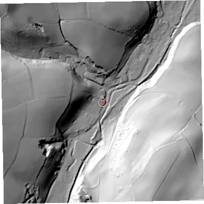 Shaded relief map of the ground around TA230RF, computed from Environment Agency LiDAR. The ground here sits at about 64 m above sea level and falls 105 m across the surrounding 800 m. Surface water reaching this point runs off ground lying to the west, 42.9 m higher.
